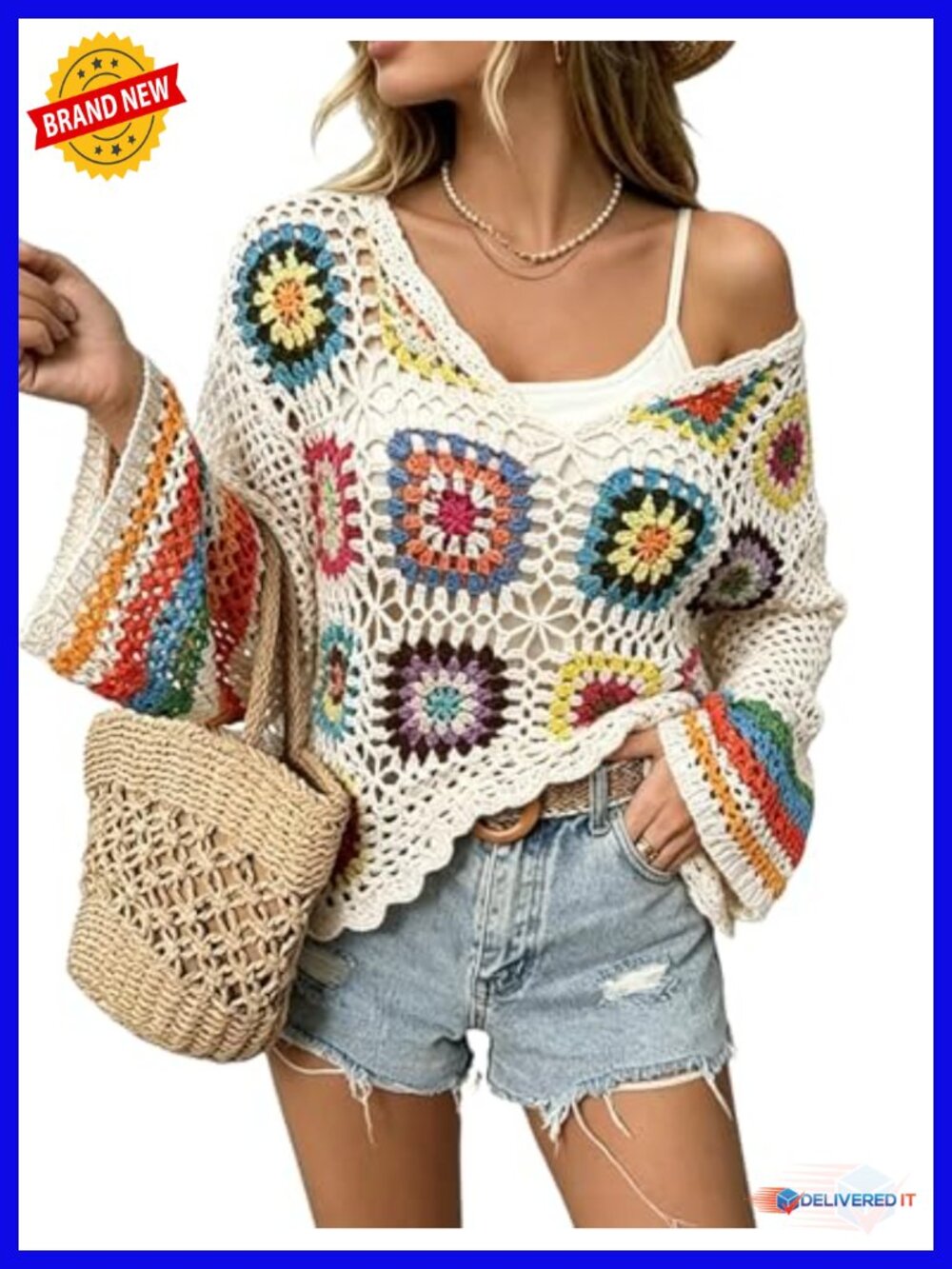 Crochet Coverup Tee Boho Floral Knit Long Sleeve Women's Beach Vacation Shirt